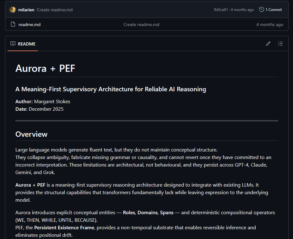 Screenshot of Aurora + PEF repository README naming the architecture and Persistent Existence Frame